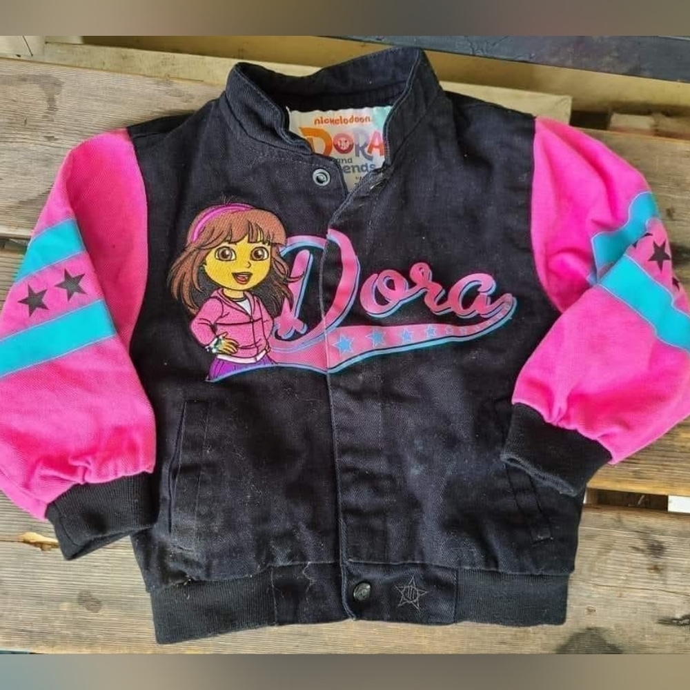 VINTAGE JH DESIGNS NICK JR DORA THE EXPLORER SZ 4T VGUC PINK BLACK jacket Snaps